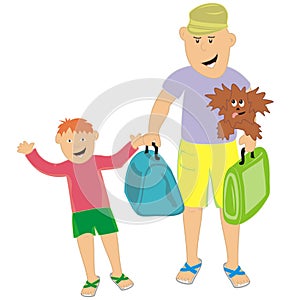 Father with son and dog, funny vector illustration