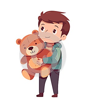 Father and son embrace with teddy bear