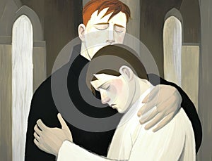 A father and son embracing in sorrow acknowledging the inevitability of grief. Art concept. AI generation