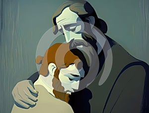 A father and son embracing in sorrow acknowledging the inevitability of grief. Art concept. AI generation