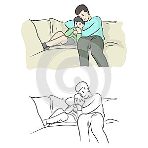 Father and son embracing together on sofa vector illustration sketch doodle hand drawn with black lines isolated on white