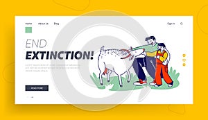 Father and Son in Farm Outdoor Zoo Landing Page Template. Daddy with Little Boy Caress Goat