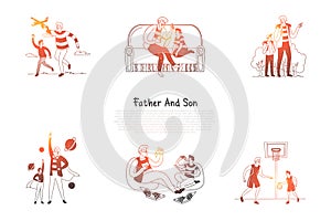 Father and son - father and son reading, eating pizza, playing basketball, learning together vector concept set