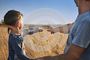 Father and son in the field at sunset, point fingers at the horizon, look afar, family, emotions, toned photo, effect