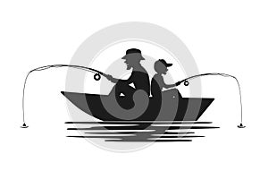 Father and son fishing on boat on a lake