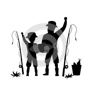 Father and son fishing cartoon vector illustration silhouette