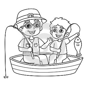 Father and Son Fishing Isolated Coloring Page photo