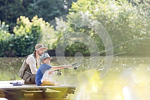 Father and son fishing in lake while sitting on pier photo