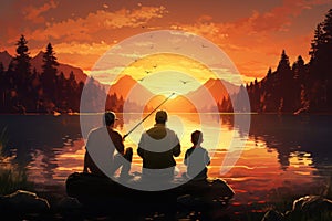 Father and son fishing on a lake at sunset. Concept of friendly family, Family dad and two sons are fishing at sunset, AI