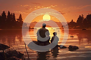 Father and son fishing on the lake at sunset. Vector illustration, Family dad and two sons are fishing at sunset, AI Generated