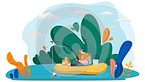 Father and son fishing in lake, vector illustration