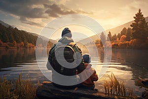 Father and son fishing. A man and a little boy are fishing together on a lake, rear view. Autumn season. Simple precious