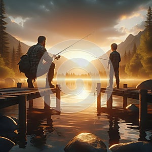Father and son fishing at a serene lake, photorealistic v
