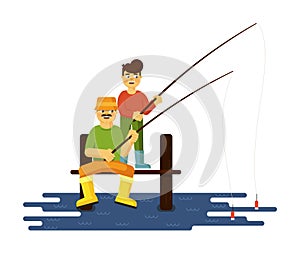 Father and son fishing together illustration on white