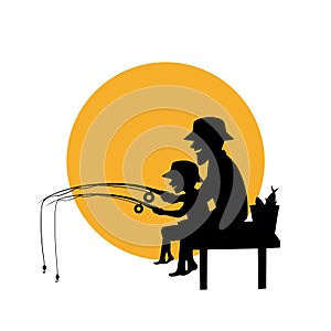 Father and son fishing together isolated vector illustration silhouette