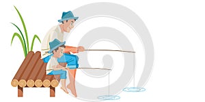 Father and son fishing together vector illustration scene. Happy family. Cute cartoon characters isolated on white