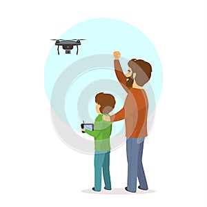 Father and son flying piloting a drone isolated vector illustration