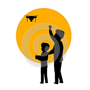 Father and son flying piloting a drone isolated vector illustration silhouette