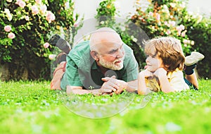 Father son and grandfather relaxing together. Happy family father and child on meadow with a kite in the summer on green