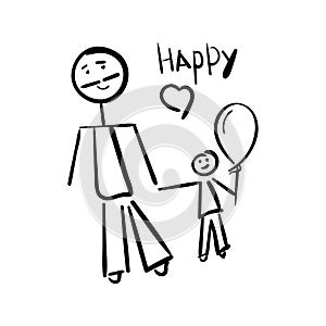 The father and the son. Happy writing. Hand-drawn illustration. A child`s drawing is isolated on a white background