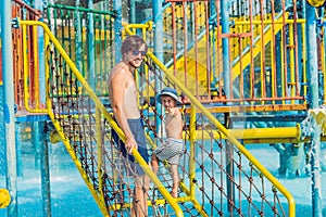 Father and son have fun at the water park