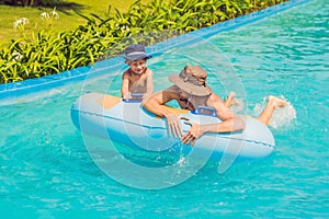 Father and son have fun at the water park