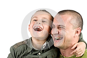 Father and son having fun, isolated on white