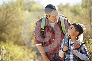 Father And Son Hiking In Countryside