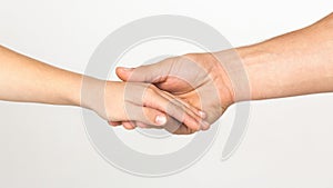Father and son holding hands,  on white, panorama