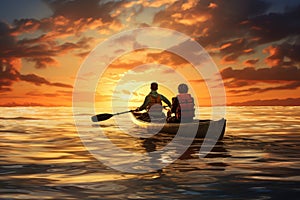 Father and son kayaking in the sea at sunset. Concept of friendly family, AI Generated