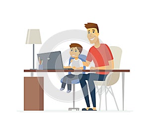 Father and son at the laptop - cartoon people characters illustration