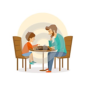 Father and son, man and boy playing chess together, fun isolated vector illustration