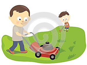 Father and son mowing and raking