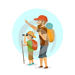 Father and son outdoors, boy and man camping hiking traveling with backpacks isolated cartoon vector illustration