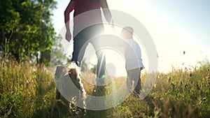 father and son in the park. dad a walk with his little son baby and dog outdoors. happy family kid dream concept. people