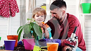 Father and son plantig plant in pots. Little boy helping his parent to plant while working together.