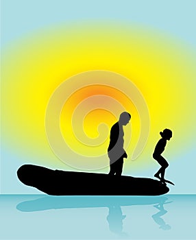 Father and son play in boat