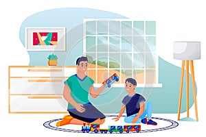 Father and son play with toy railway. Dad and little boy playing colorful train toys in playroom. Vector illustration