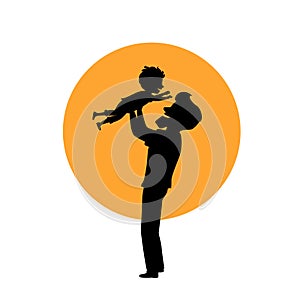 Father and son playing, dad lifting up boy in the air, isolated vector illustration silhouette