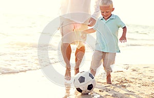 Father Son Playing Soccer Beach Summer Concept