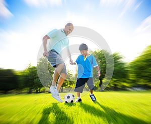 Father Son Playing Soccer Park Summer Concept