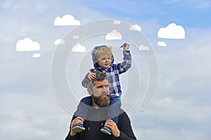 Father and son playing together. Father and his son child boy playing outdoors. Childhood. freedom to dream - joyful boy
