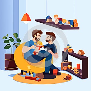 Father and son playing with toys at home. Happy family spending time together at home. in cartoon style generative AI