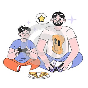 Father and son playing video games together. Fatherhood happiness