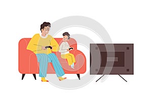 Father and son playing video games together flat vector illustration isolated.