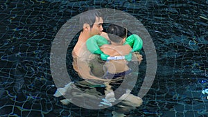 Father and son practice to swiming in water pool