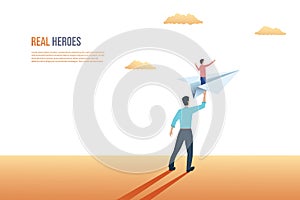 Father and son relationship vector concept. Father sending son on paper plane to future, giving hip support.