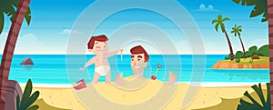 Father and son are resting and playing on a tropical beach. Family Summer Vacation Concept