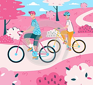 Father and son riding bicycles - vector cartoon illustration