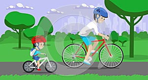 Father and son riding bikes in town park. Vector illustration